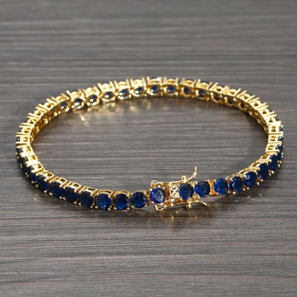 14K Gold 2ct Blue Sapphire Womens Gemstone Tennis Bracelet Ladies